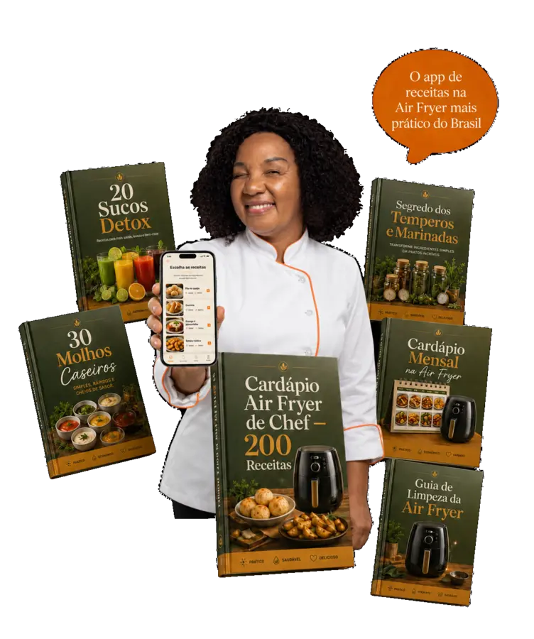 Cheff Carol Dias com o app e todos os materiais do Cardápio Air Fryer