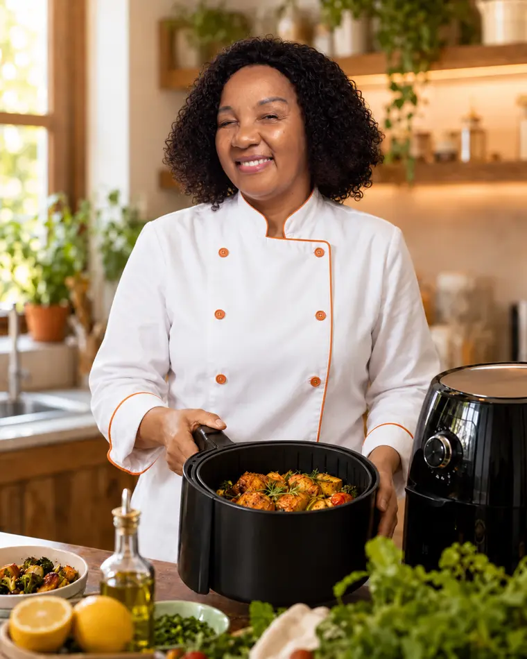 Cheff Carol Dias com o cesto da air fryer, criadora do Cardápio Air Fryer